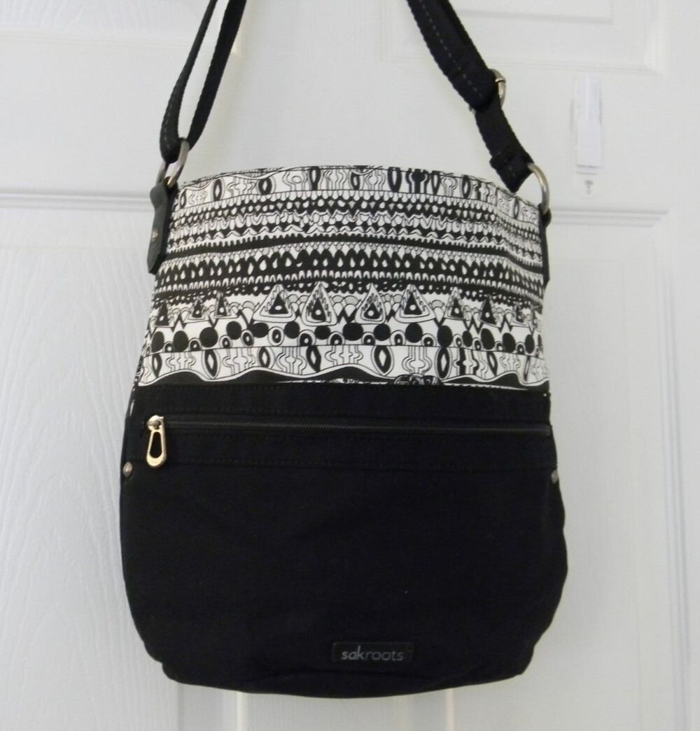 Sak roots Black White Canvas Crossbody Pockets Purse Handbag EUC - Picture 2 of 4